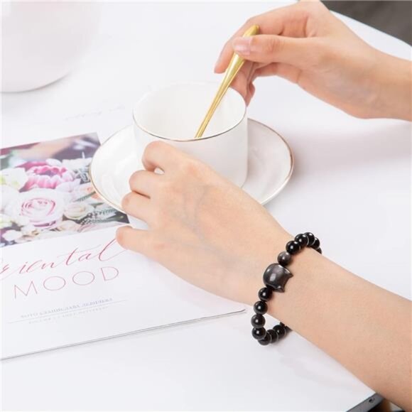 Money Attraction Cat Bracelet - Black Obsidian Women Bracelets -Wealth Bracelet - Picture 2 of 7